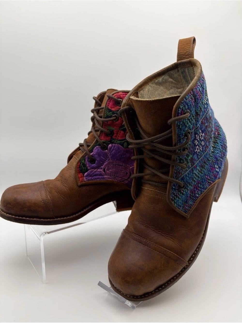 Brown Lace-Up Ankle Boots with Colorful Textile Panels
